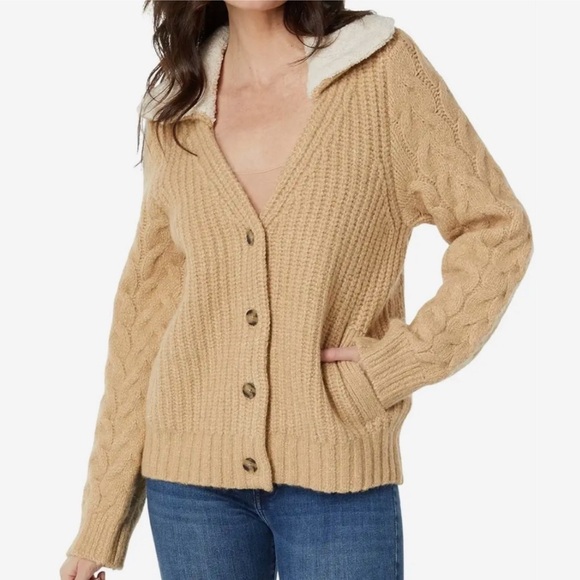 Lucky Brand Sherpa Fleece CollarTan Cable Knit Cardigan, Size XS - Picture 11 of 11